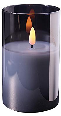Hochwertige & Edle LED Kerze im Glas - Timer - Realistisch Flackernd - Neuartiges Design (Grau, Höhe: 12,5cm - Ø 7,5cm)