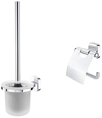 Tiger Ramos Toilettenbürste mit Glaseinsatz, Chrom + Ramos Toilettenpapierhalter mit Deckel, Chrom