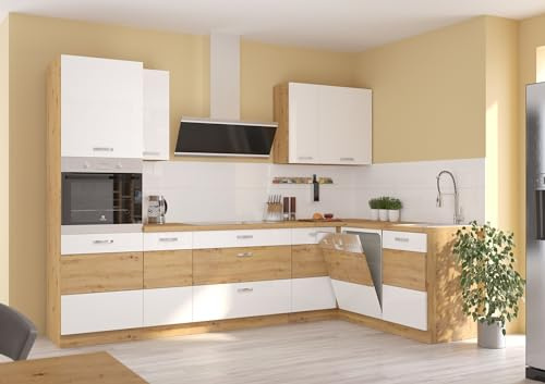 Küche Eiche Artisan Ecke Weiß Küchenzeile Hochglanz Küchenblock Einbauküche