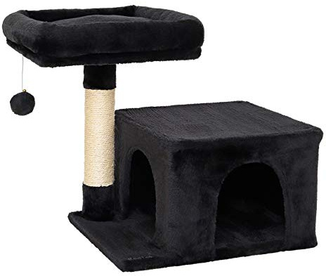 lionto Kratzbaum mit Höhle, Liegefläche & Spielball, Höhe 50 cm, Schwarz | Kleiner Katzenbaum mit Sisalstamm, Kuschelhöhle und Plateau zum Klettern, Spielen, Verstecken, Ausruhen und zur Krallenpflege