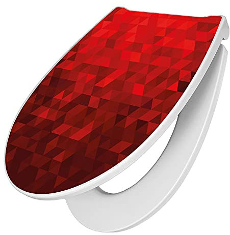 banjado Premium Toilettendeckel mit Absenkautomatik 45x38,4cm / WC Brille Soft Close/hygienischer Toilettendeckel/Klodeckel Duroplast mit Edelstahl Scharnier/Motiv Dreiecke Rot