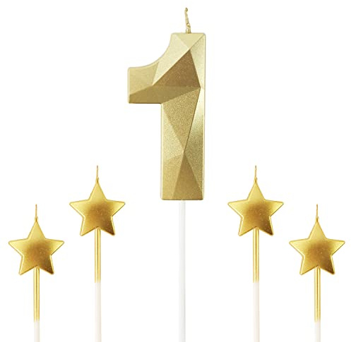 Golden Number 1 2.76 inch 3D Diamond Shaped Birthday Candles - Suitable for Birthday Parties and Anniversary Cake Decorations