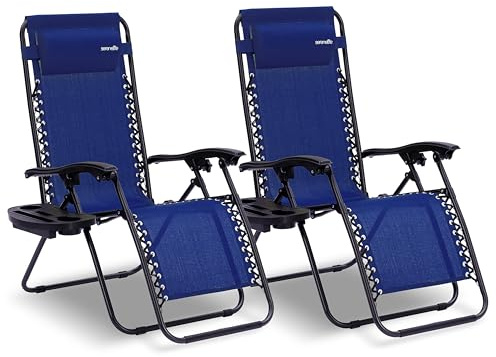 SereneLife Gartenliege 2er Set – Klappbare Sonnenliegen mit Verstellbarer Rückenlehne, Kopfstütze & Getränkehalter Wetterfest & bequem, Für Terrasse, Balkon, Garten & Strand