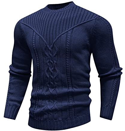 SAVKOOV Men's Pullover Jumper Long Sleeve Crewneck Knitted Sweater Blue
