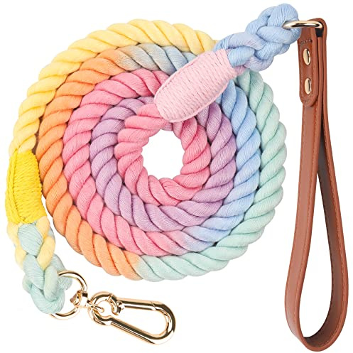NUGUTIC Laisse pour chien en corde de coton tressée avec poignée en cuir pour chiens de petite, moyenne et grande taille, Macaron 1,5 m
