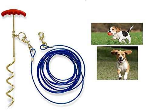 AL-FAHMI 30ft(9m) Heavy Duty Dog Tie Out Cable And Stake Out Dog Spiral In Ground Stake Puppy Pet Outdoor Tie Out Lead Leash (30FT Cable With Stake)