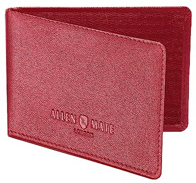 ALLEN & MATE 100% Leather Travel Card Holder - Slim Minimalist Wallet for Travel Bus Pass ID License Oyster Card for Men & Women (Rose Red Premium)