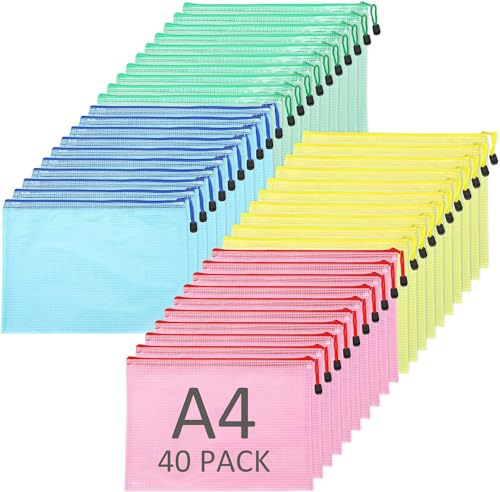 JMIATRY Dokumententasche A4 Mit Reißverschluss - 40 Stück Zip Tasche, Mesh Beutel, Kunststoff Mappe für Dokumente