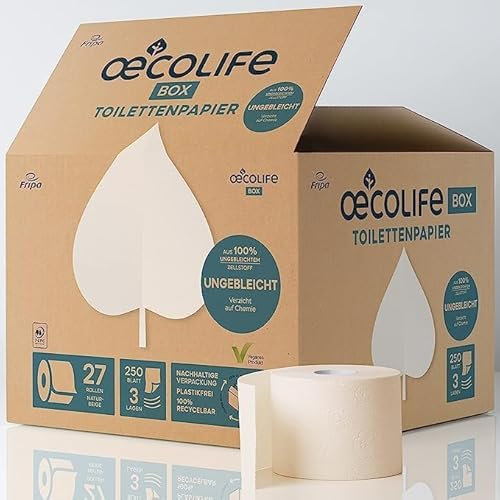 oecolife Toilettenpapier Box UNGEBLEICHT, 3-lagig, 27 Rollen x 250 Blätter, naturbelassen
