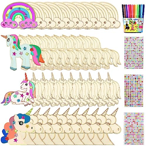 Giugio 40 Stück Einhorn Bastelset Kit Zum Bemalen, Kinder DIY Holz Deko, Holzbastelsets Mit 12 Aquarellstift + 3 Edelsteinaufkleber (A)