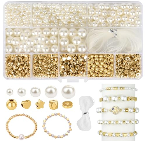 LFBEST 1090 Stück Perlen zum Auffädeln, Glasperlen Weiß Kunstperle Runde Perlen, Weiß Nachahmung Perlen Gold Abstandsperlen für DIY Halsketten Armbänder Schmuck Basteln(∅ 4, 6, 8, 10 12mm)