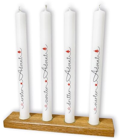 FRITZ COX Weihnachtskerze Advent mit Kerzenständer | optimal für einen Adventskranz | 4 Stabkerzen mit weihnachtlichem Aufdruck | Inhalt: 4 Stück inkl. Kerzenhalter
