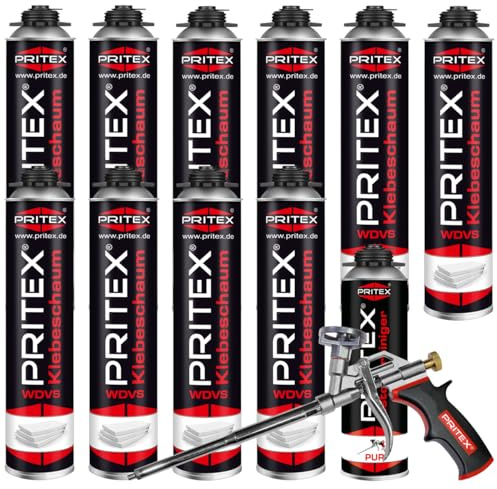 PRITEX WDVS Klebeschaum Set, 10x 750ml Dämmstoffkleber, Reiniger, Pistole