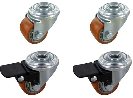 Rollentechnik Satz 4x Mini Schwerlast Rollen | 4x Rollentechnik Lenkrolle 2x mit Bremse Polyurethan Ø60x35 mit Rückenloch Höhe 80 mm Tragfähigkeit 450 kg/Satz
