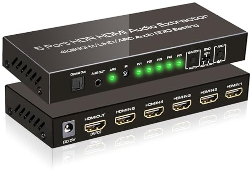SkycropHD 4K@60Hz HDMI Switch Audio Extractor Converter, 5 in 1 Out HDMI Switcher with Optical & 3.5mm AUX Audio Output, Support HDCP 2.2, HDR10, 18Gbps, ARC