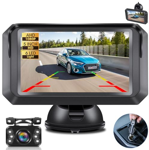 Vtopek Reversing Camera with 6 White LED Lights AHD 1080P 5 inch Reverse Camera for Car Van Caravan RV Rear View Cameras 150° Wide Angle 5 Guide Lines IP69 Waterproof Parking Kit Super Night Vision