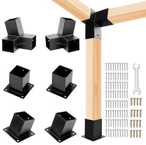 TOPTGO Kit de 6 supports de pergola, 15° 3 voies inclinées pour pergola de toit 4 x 4 (réel : 8,9 x 8,9 cm), 2 supports d'angle avec base de poteau pour poutres en bois, tonnelles, pergola, abris de