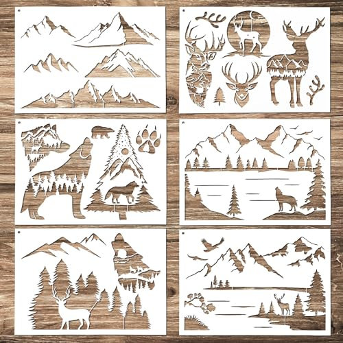 6 Stück Berg Schablonen zum Malen auf Holz, Wandgestaltung wiederverwendbare Holzbrennschablonen, Wildtier-Hirsch-Vorlage Waldmuster-Schablonen für Wandzeichnungen, Stoff, Leinwand, Basteln，Graffiti