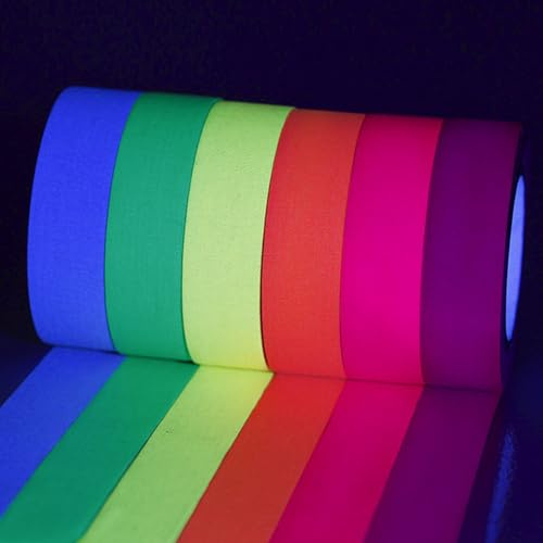 6 cintas de enmascarar de colores brillantes de neón de 15 mm x 5 m, cinta adhesiva fluorescente reactiva a luz negra, cinta adhesiva reactiva multicolor, cinta adhesiva UV que brilla en la oscuridad