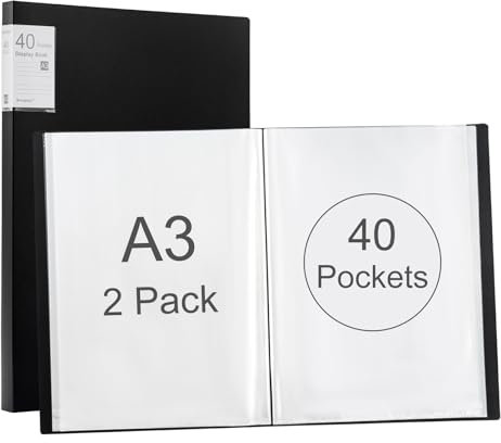Srvnpioy 2 Stück A3 Päsentationsdisplay Buch, Sichtbuch in A3 Format, Mit 40 Klarsichthüllen für 80 Blatt, für Kunstwerke, Urkunden, Portfolio, Schwarz