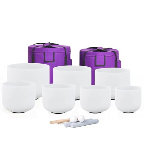 Cuarzo Cristal Cuencos Cantores Mazos, 440Hz Set With 2 Carry Bag, 7in-12in Of 7 PCS For Sound Healing, Meditation, Yoga, Spiritual Healing, Rubber Mallet, Suede Stick, O-ring