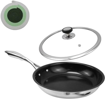 HEVSTIL Padella antiaderente in ceramica con coperchio, non tossica, senza PTFE, senza PTFE PFOA e PFAS, manopola in acciaio inox con buona presa, lavabile in lavastoviglie per cucinare, pentole chef,