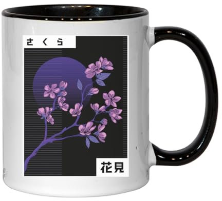 Vaporwave Aesthetic Sakura Tree Neon Night - Taza de cerámica para té y café, color negro