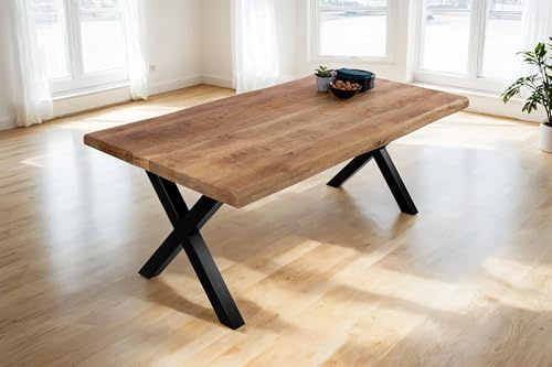SAM Esstisch Cali | 180 x 90 cm | Mangoholz | Farbe: Natur/rau | X-Gestell Metall Schwarz | Massivholz mit echter Baumkante | pflegeleichter Baumkantentisch/Esszimmertisch