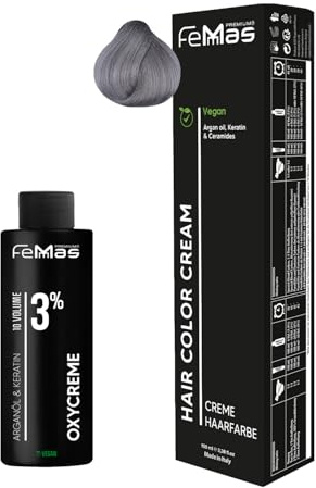 Femmas Haarfarbe Set Gray I Hair Color Cream 100ml + Oxycreme 100ml 3% I Permanente Haar-Coloration + Entwickler I Schonend & langanhaltend I Salon-Haarfarbe für Zuhause