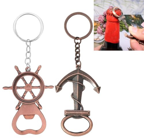 2 Pezzi Portachiavi Apribottiglie Multifunzione, Portatile, Portachiavi Apribottiglie Vintage Ancora e Timone per Bar Feste Regali Regalo per la Festa del Papà, Compleanno, Decorazione da