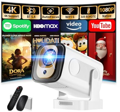 Mini Projector with 1080P 4K Full HD Portable Projector with WiFi 6 and Bluetooth 5.4, Auto Focus Correction for Bedroom, 270° Rotatable, Built-in Apps,for TV Sticks/HDMI/USB/PC/Laptops-White