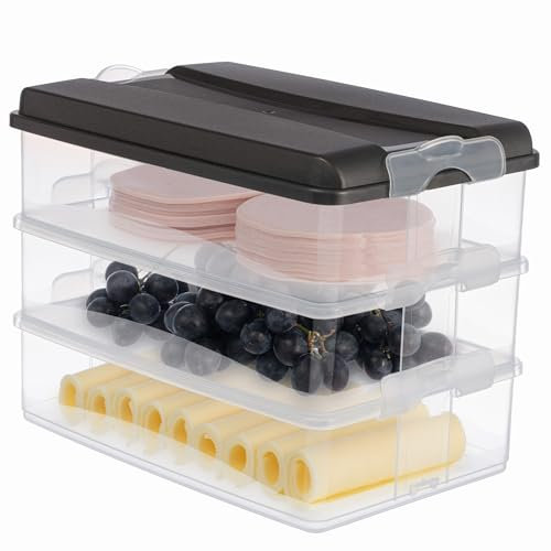 Hausfelder Kühlschrank Aufschnitt Box stapelbar 3x2,3L - Aufschnittdose & Käsedose mit Deckel, Aufbewahrung Kühlschrank Wurst Käse, Frischhaltedosen (Anthrazit)
