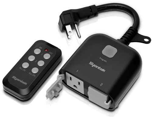 Syantek Outdoor Wireless Remote Control Outlet Indoor 2-in-1 Outlet Switch Weatherproof Power Strip Heavy Duty Energy Plug, 15A, Dual 3-Prong, 100FT, Multi-Device, FCC Listed