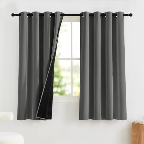PONY DANCE Graue Blickdichte Gardinen Schlafzimmer Kurz 2er Set H 145 x B 140 cme 100% Verdunklungsvorhänge mit Ösen Thermal Curtains Blackout Vorhang Wärmeisolierend
