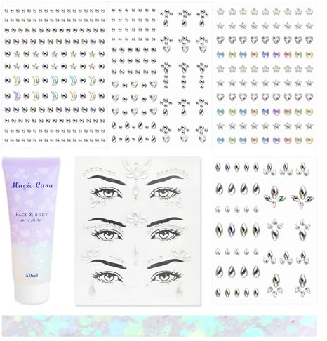Magic Casa 50ml Body Glitzer Gel Set mit 7 Bögen Strasssteine – Holographisches Glitzer Gesicht Kit für Festival Outfit Damen & Karneval Makeup – Weiß & Glow in the Dark