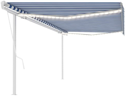 Automatische Gelenkarmmarkise mit LED-Beleuchtung, Windsensor für Terrasse, wasserdichter Sonnenschutz 5x3,5m, Blau-Weiß