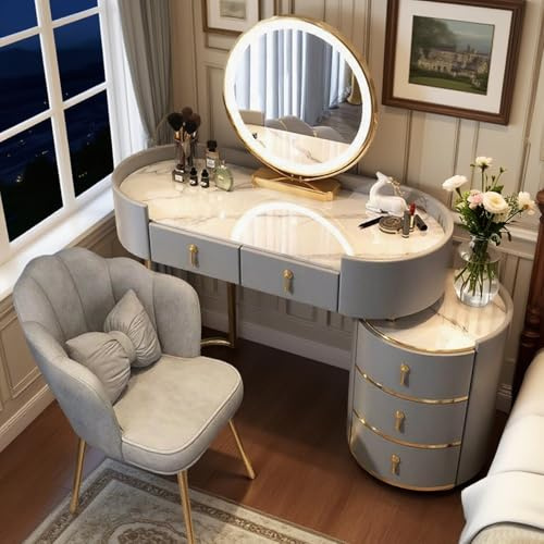 Schminktisch mit Beleuchtung, Frisiertisch Mit Ton und Bluetooth, Schminktisch mit stuhl, Vanity Desk mit Intelligenter runder Spiegel, Make up Tisch Modern Für Mädchen und Frauen (Grau, 80cm)