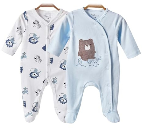 Minicoco Baby Cotton 2-Pack Footed Long Sleeve Romper, Snap Footies for 0-12 Months Infants