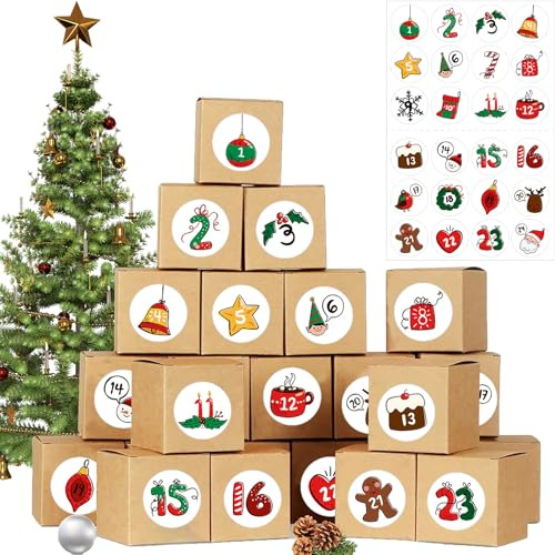 BELSVOR 2025 Adventskalender Zum Befüllen, 24 Weihnachtsboxen, 24 Aufklebe, adventskalender Zum Selber Befüllen für Geschenke/Süßigkeiten, Adventskalender 2025