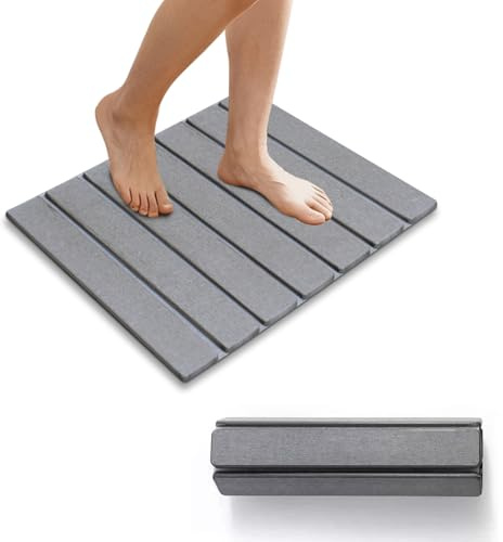 HouYa-Tec Tapis de Bain en Pierre,Tapis de Bain antidérapant Pliable en Terre de diatomée Naturelle,antidérapant, Super Absorbant, Tapis de Sol pour Salle de Bains, Maison et Cuisine (Gris Clair, M)