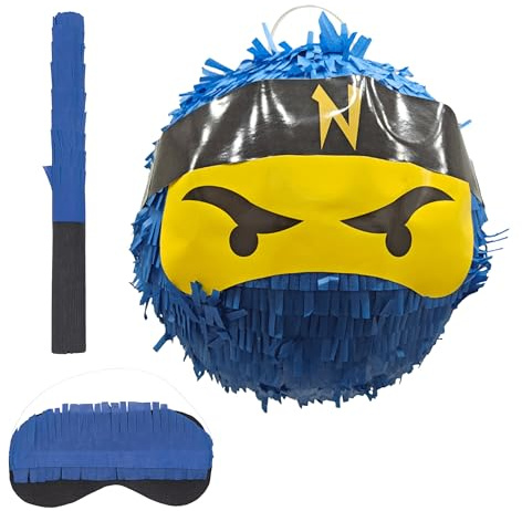 Relaxdays Pinata Ninja, mit Stab & Maske, Partypinata Kinder, für Geburtstag, Schlagpinata zum Befüllen, Ø 25 cm, blau
