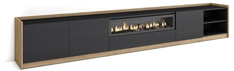 Skraut Home | Mueble TV | Televisión | Muebles de salón, almacenaje | 310x50x37 cm | para TV hasta 80 | Chimenea eléctrica | Estilo Moderno | Negro y Roble