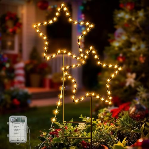 Weewooday LED Gartenstecker Sterne mit Timer Batteriebetrieben, 80LEDs 137cm Garten Deko Beleuchtung mit Erdspieß für den Außenbereich, Garten Balkon Terrasse Weihnachten Winter Deko