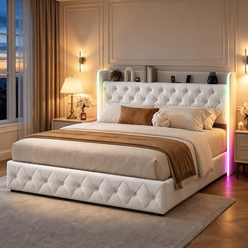 HYNHXBP Letto contenitore 140x200 cm con luci LED e porte USB, letto matrimoniale imbottito con contenitore e comoda testiera, per adulti e ragazzi, elegante velluto (Beige, 140 x 200 cm)