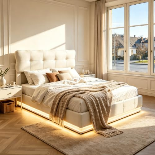 Polsterbett 140x200 cm mit Stauraum, Boxspringbett 140x200 mit Bettkasten, Bettgestell mit Lattenrost, beiges Samtbett mit hydraulischer Hebefunktion und wellenförmigem Kopfteil(Beige B, 140 x 200 cm)