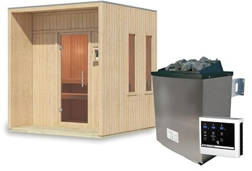 Karibu Arcadia Sauna Extérieur 4 Places | Bois Massif Noir 73mm Isolation Laine Minérale | 220x216,5cm avec Poêle 9kW, Plancher et Fenêtres