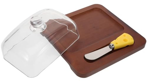 DEARMAMY Juego de Mantequera con Tapa de Vidrio y Bandeja de Madera Reutilizable para Encimera de Cocina, Diseño Cuadrado con Cortador Metálico para Mantequilla Natural