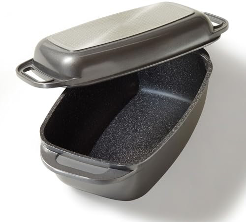 STONELINE Aluguss Bräter mit Deckel 40x22 cm, 5,8 L Bräter Induktion Backofengeeignet Für alle Herdarten, Deckel als Auflaufform verwendbar, Bräter Antihaft Beschichtet mit echten Steinpartikeln, Grau