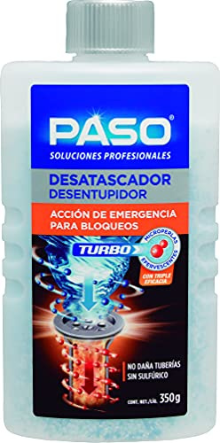 PASO - Desatascador Turbo - Acción Rapida para Bloqueos Totales, Triple Eficacia Sin Ácido Sulfúrico, No Daña Tuberías - 350g