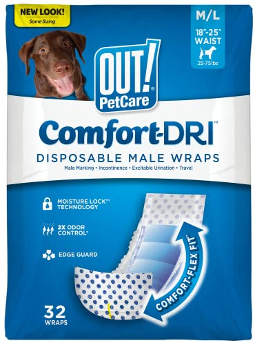 OUT! Pet Care - Pañales Desechables para Perros machos | Envolturas absorbentes para machos con Ajuste a Prueba de Fugas | Mediano/Grande, 32 Unidades